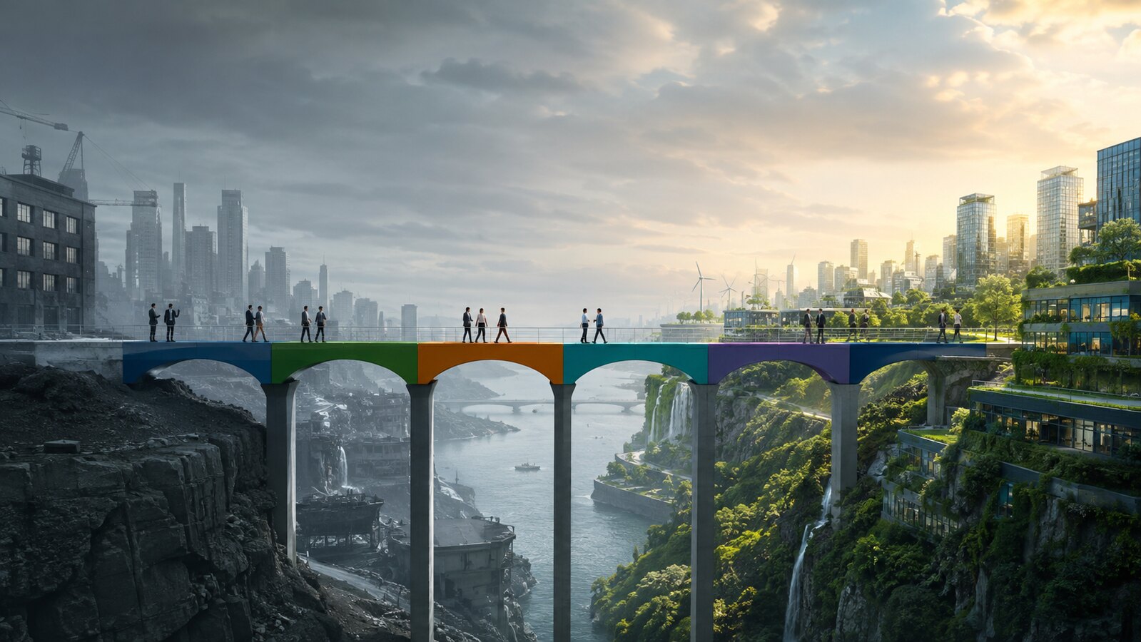 A bridge connecting an underperforming organisation to sustainable growth, illustrating the GAP 6×6 journey from capability gap to measurable value.