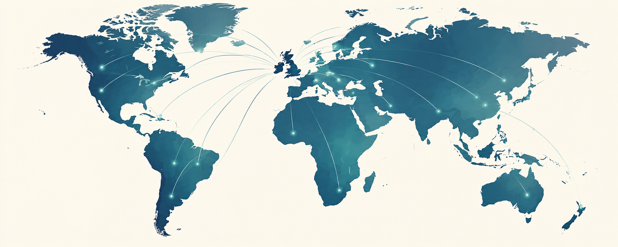 Illustrated world map showing connections for international trade and tax support